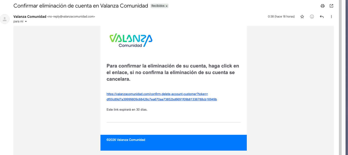 Correo de confirmación eliminación